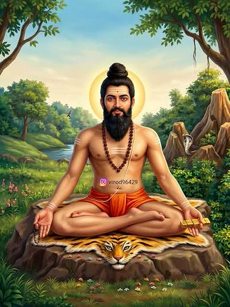 A painting of Sri Madvirat Pothuluri Veerabrahmendra Swamy seated in meditation on a tiger skin beneath a tree, a golden halo behind him